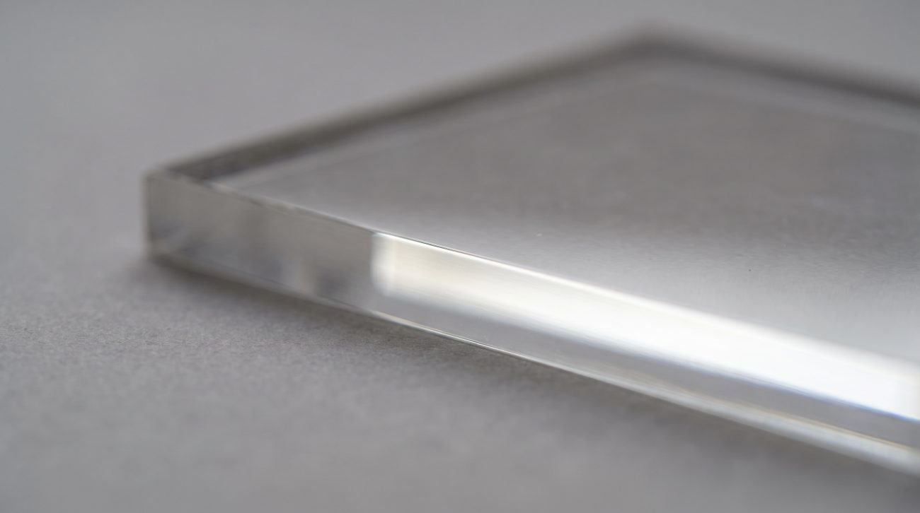Makro einer diamantpolierten Acrylkante: glasklar und durchsichtig wie die Fläche