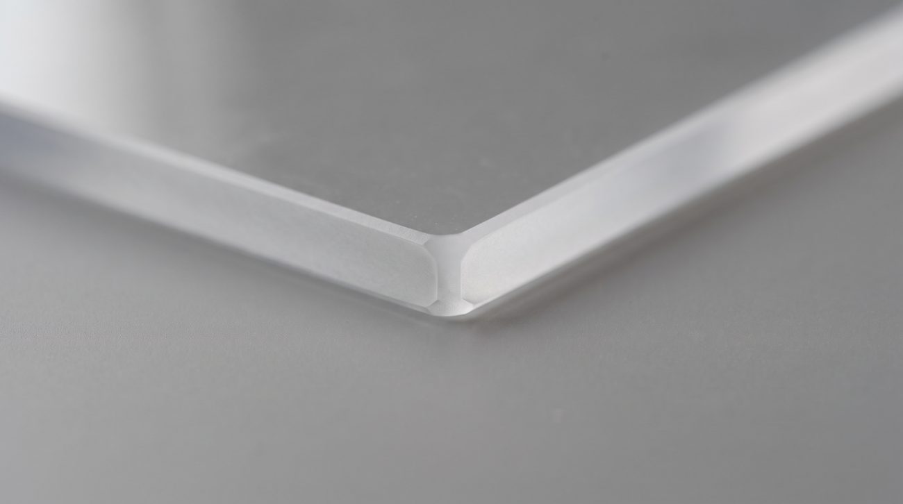 Makro einer entgrateten Acrylkante: gleichmäßig matt, Ecken gebrochen