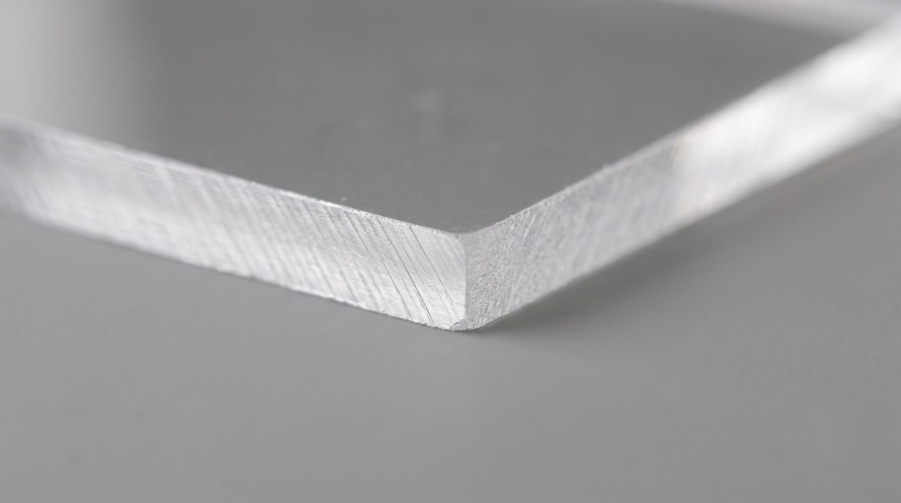 Makro einer sägerauen Acrylkante: matt mit feinen parallelen Riefen