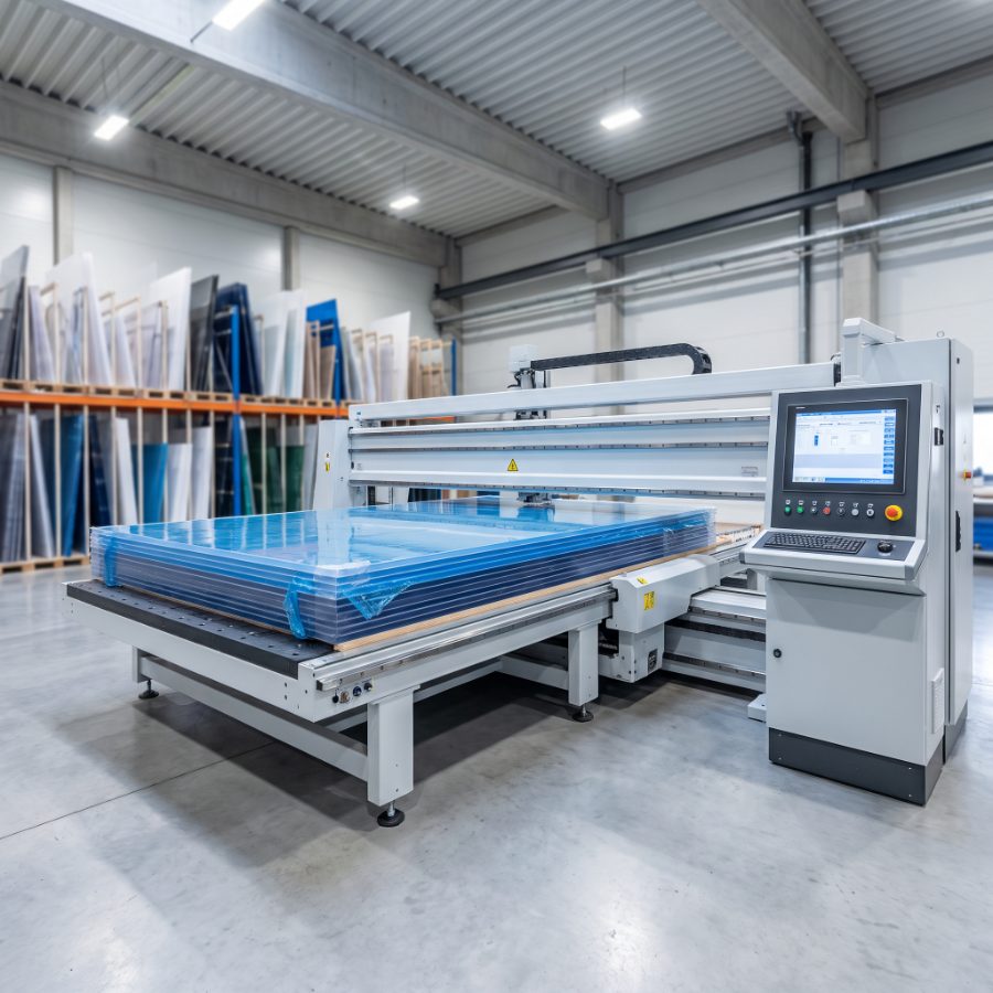 Industrielle Plattenaufteilsäge mit einem Stapel Acrylplatten unter blauer Schutzfolie, dahinter das Plattenlager der Werkhalle